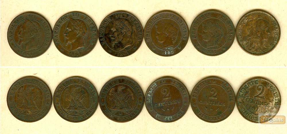 Lot: FRANKREICH 6x Münzen 2 Centimes  ss+  [1861-1901]