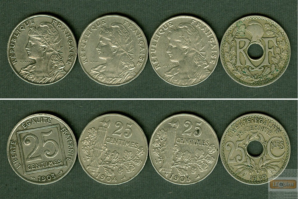 Lot: FRANKREICH 4x Münzen 25 Centimes  ss+  [1903-1919]