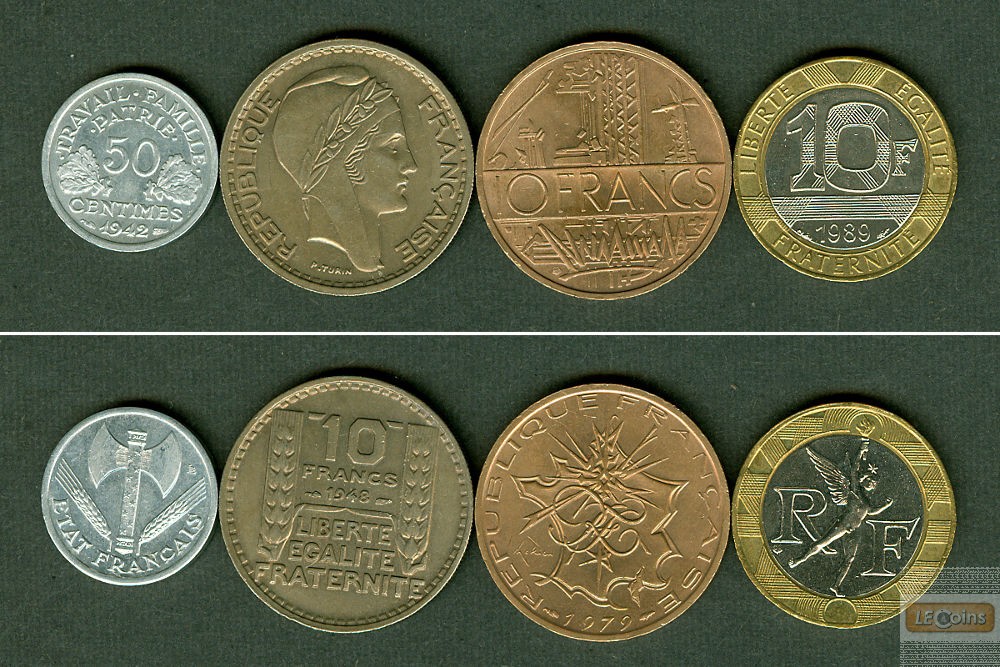Lot: FRANKREICH 4x Münzen 50 Cent + 10 Francs  vz-st  [1942-1989]