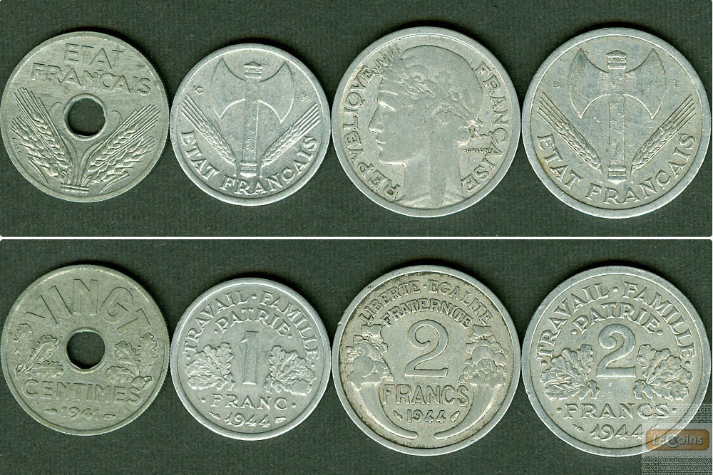 Lot: FRANKREICH 4x Münzen 20 Cent 1 2 Francs  ss-vz  [1941-1944]