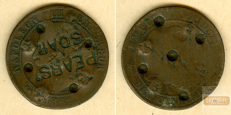FRANKREICH 10 Centimes 1862 K  GEGENSTEMPEL  ss