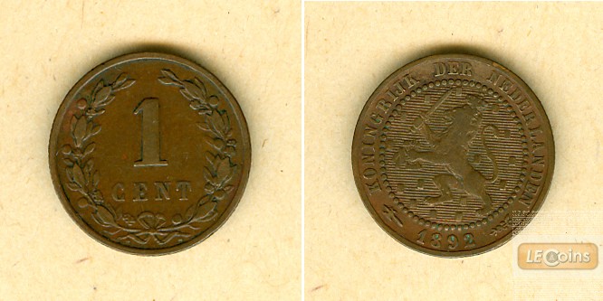 NIEDERLANDE 1 Cent 1892  ss