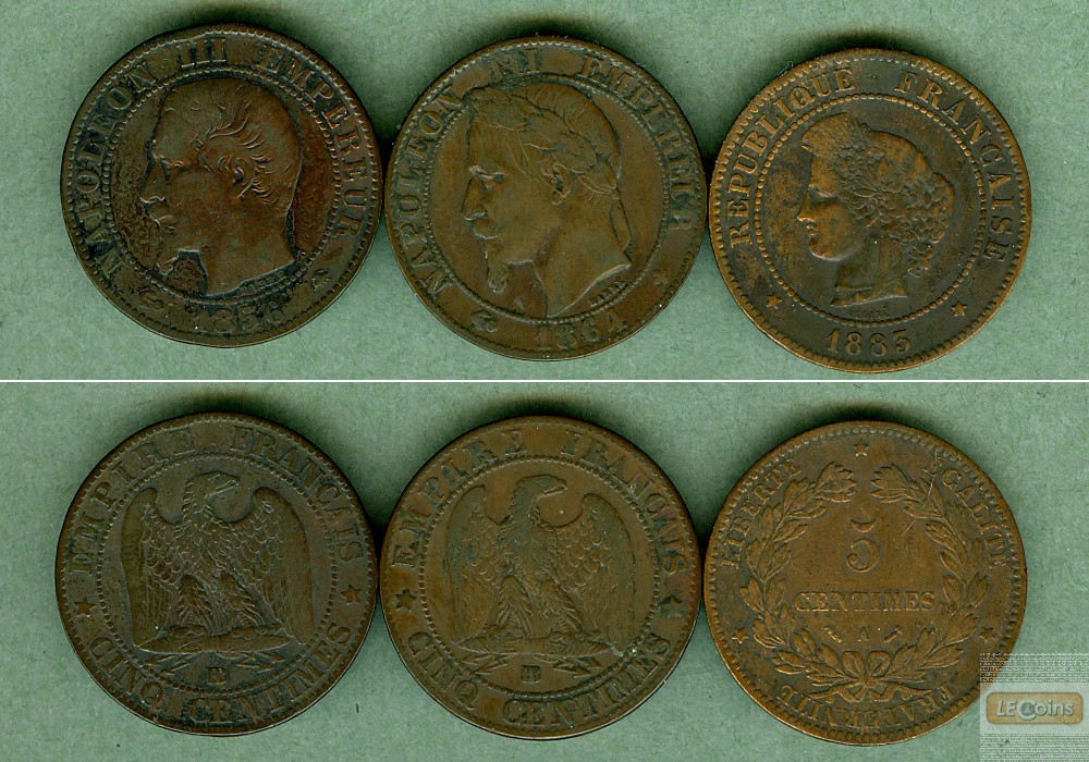 Lot: FRANKREICH 3x 5 Centimes  ss  [1856-1883]