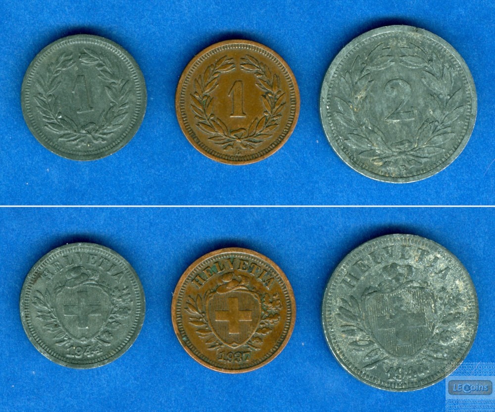 Lot:  SCHWEIZ 3x Münzen  1 + 2 Rappen  ss-vz  [1937-1944]