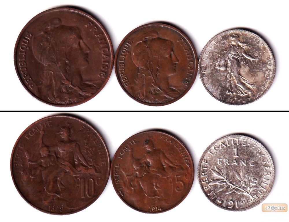 Lot: FRANKREICH 3x Münzen 5 10 Cent 1 Franc  ss-vz  [1899-1919]