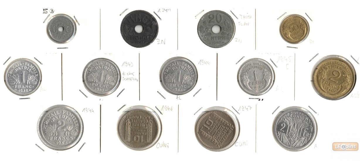 Lot:  FRANKREICH 13x Münzen  10 Centimes - 10 Francs  [1941-1948]