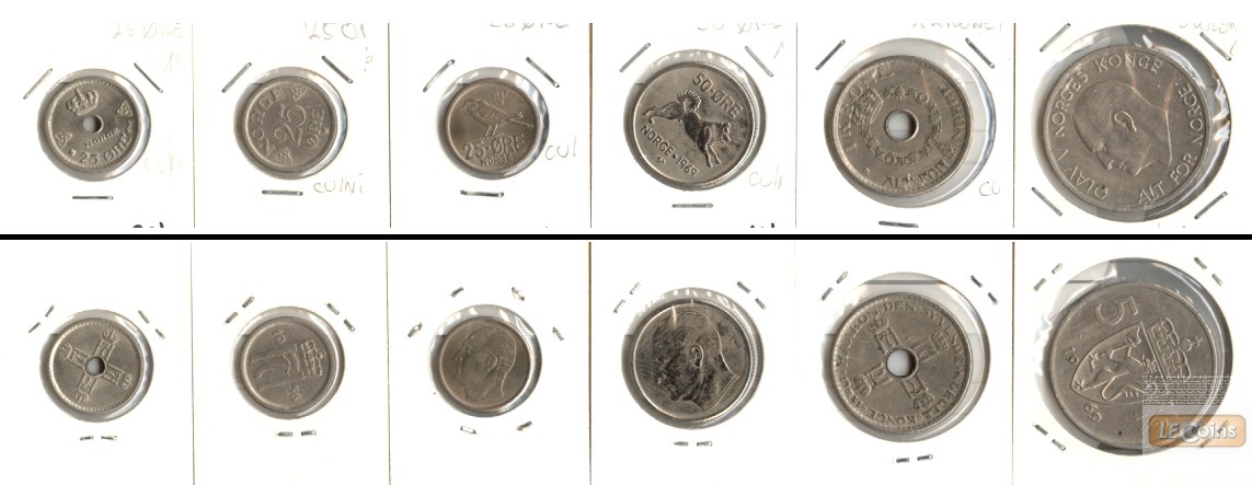Lot:  NORWEGEN 6x Münzen  25 Öre - 5 Kronen  [1950-1969]
