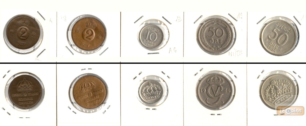 Lot:  SCHWEDEN 5x Münzen  2 - 50 Öre  [1946-1961]