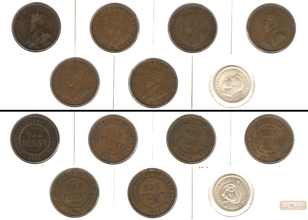 Lot:  AUSTRALIEN 7x Münzen  Penny + Shilling  [1911-1952]