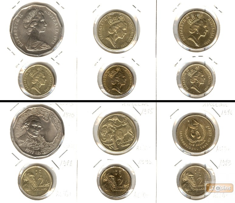 Lot:  AUSTRALIEN 6x Münzen  50 Cents 1 + 2 Dollars  [1970-1995]