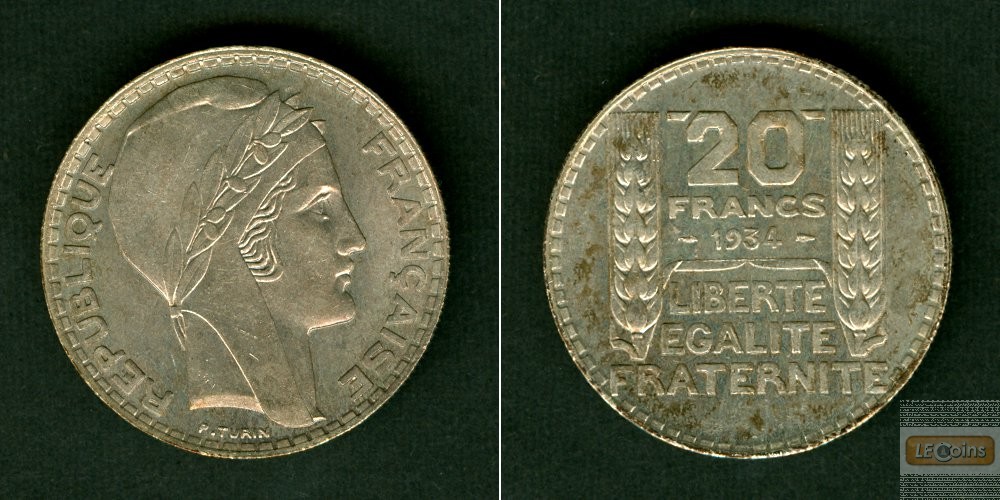 FRANKREICH 20 Francs 1934  SILBER  vz-stgl.