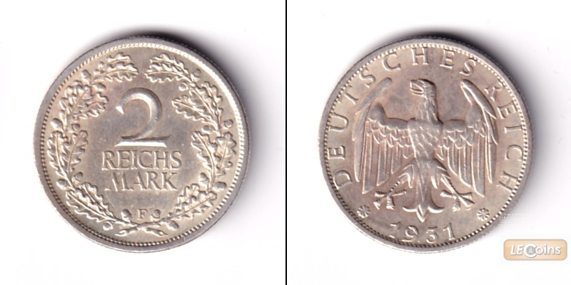 DEUTSCHES REICH 2 Reichsmark 1931 F  (J.320)  f.vz  selten
