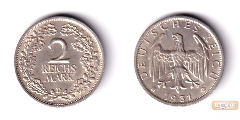 DEUTSCHES REICH 2 Reichsmark 1931 D  (J.320)  ss-vz  selten