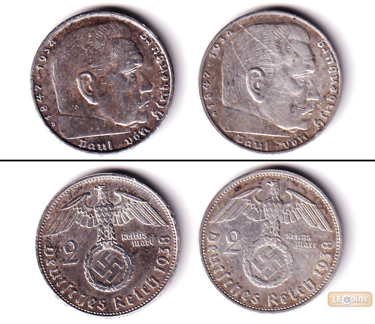 Lot: DEUTSCHES REICH 2x 2 Reichsmark 1938 B G (J.366)  ss-vz