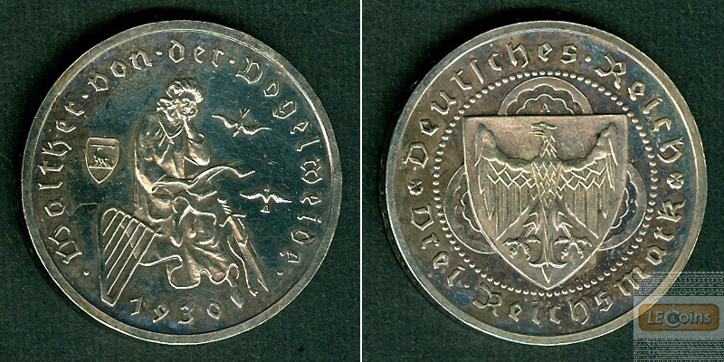 DEUTSCHES REICH 3 Reichsmark (Vogelweide) 1930 A (J.344)  vz-st aus PP  selten