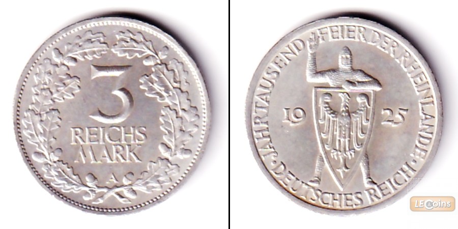 DEUTSCHES REICH 3 Reichsmark (Rheinlande) 1925 A (J.321)  vz-st