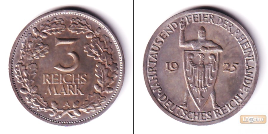 DEUTSCHES REICH 3 Reichsmark (Rheinlande) 1925 A (J.321)  vz+