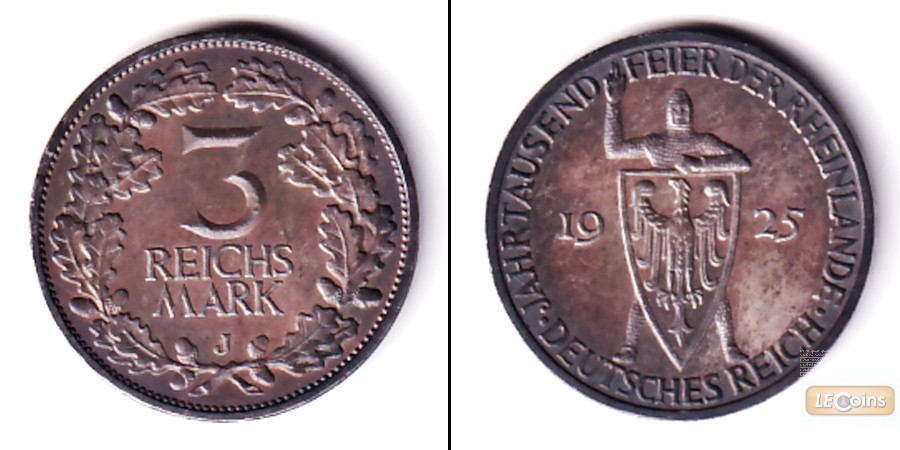 DEUTSCHES REICH 3 Reichsmark (Rheinlande) 1925 J (J.321)  vz+