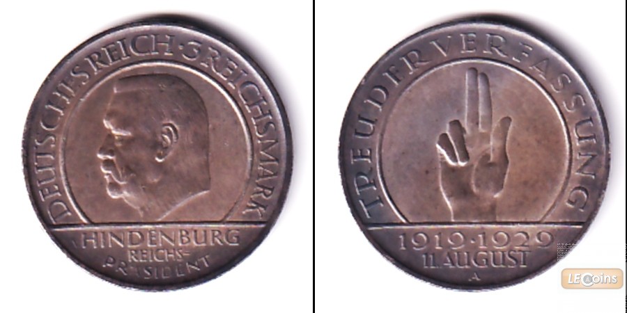 DEUTSCHES REICH 3 Reichsmark (Schwurhand) 1929 A (J.340)  vz+
