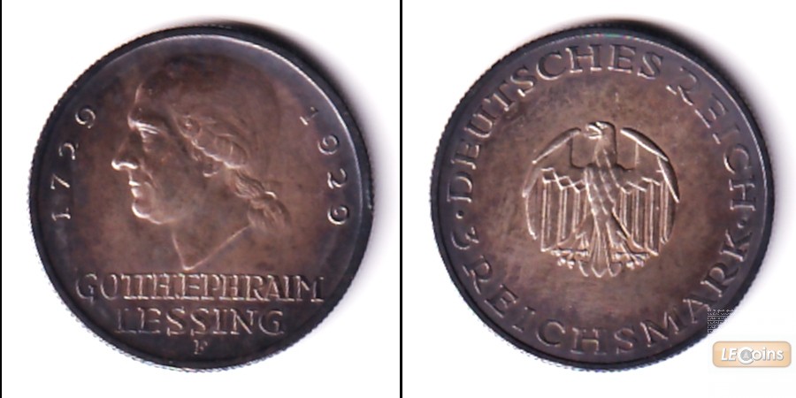 DEUTSCHES REICH 3 Reichsmark (Lessing) 1929 F (J.335)  vz-st