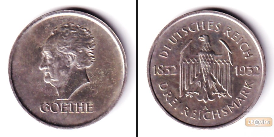 DEUTSCHES REICH 3 Reichsmark (Goethe) 1932 A (J.350)  vz-st