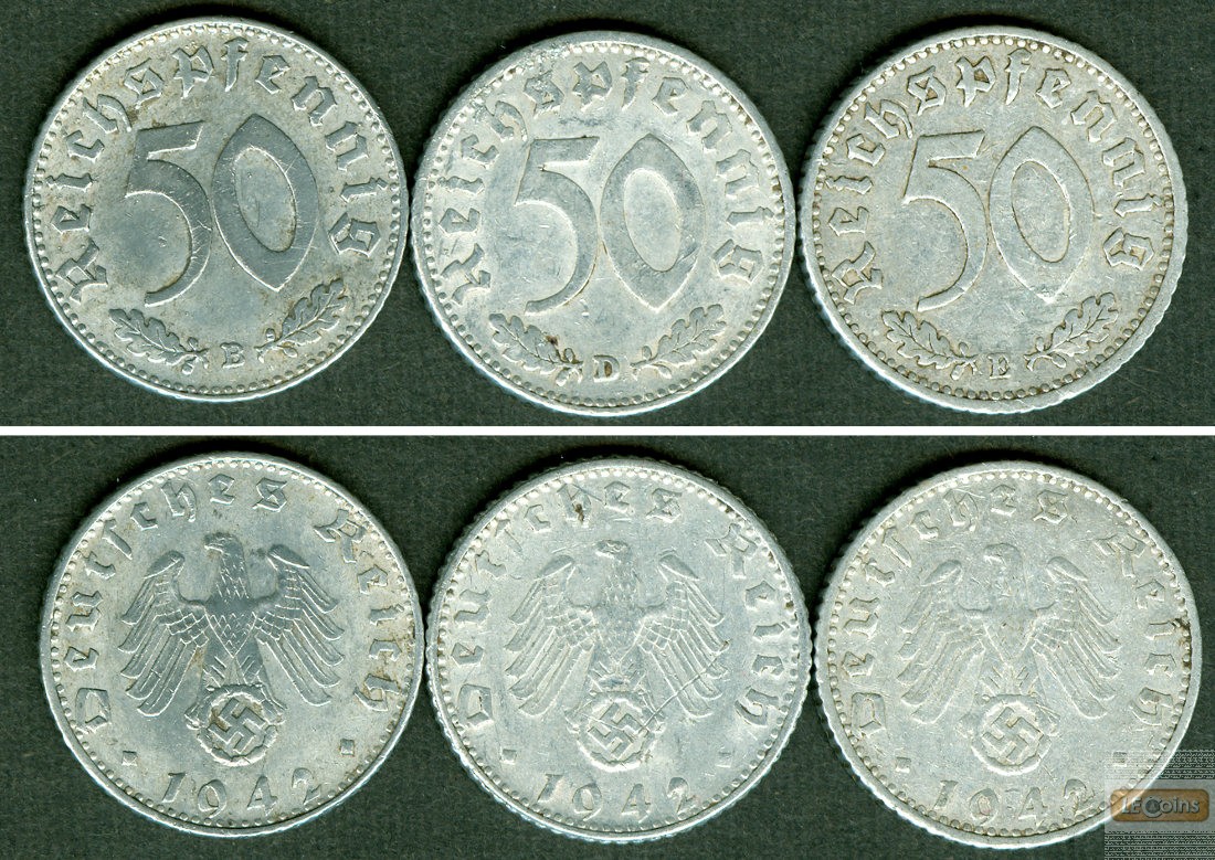 Lot  DEUTSCHES REICH 3x 50 Reichspfennig (J.372) 1942 B D E  ss