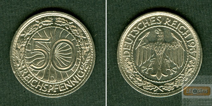 DEUTSCHES REICH 50 Reichspfennig 1937 D (J.324)  vz-st