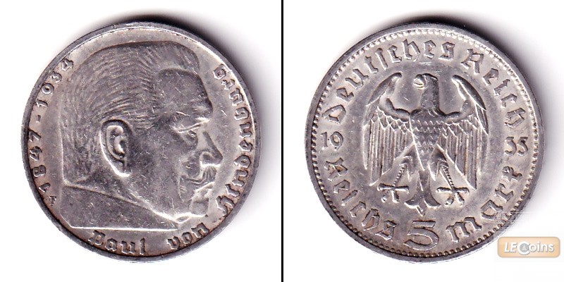 DEUTSCHES REICH 5 Reichsmark 1935 F (J.360)  ss+