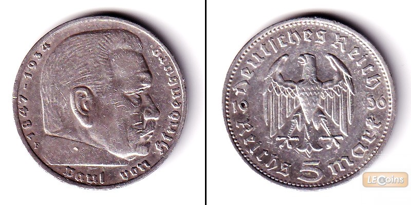 DEUTSCHES REICH 5 Reichsmark 1936 F (J.360)  ss+