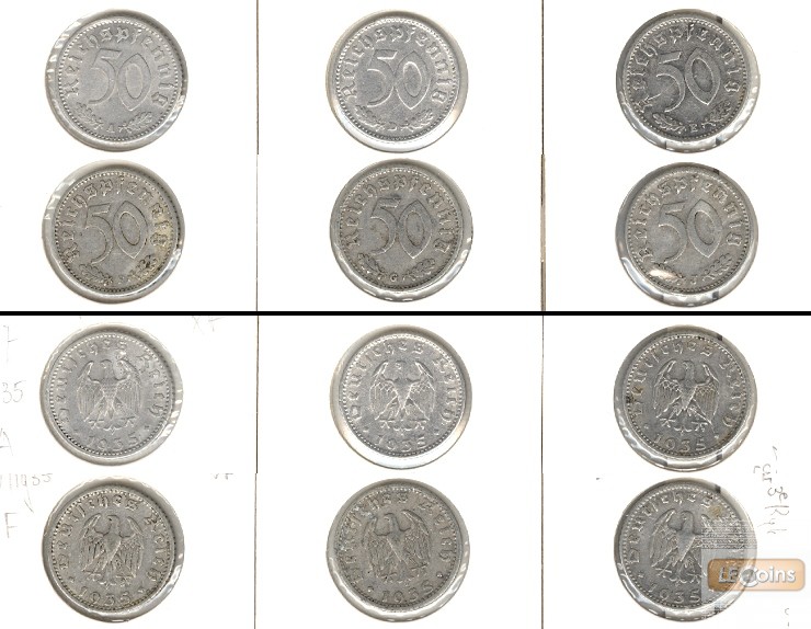 Lot: DEUTSCHES REICH  6x 50 Pfennig 1935 A D E F G J