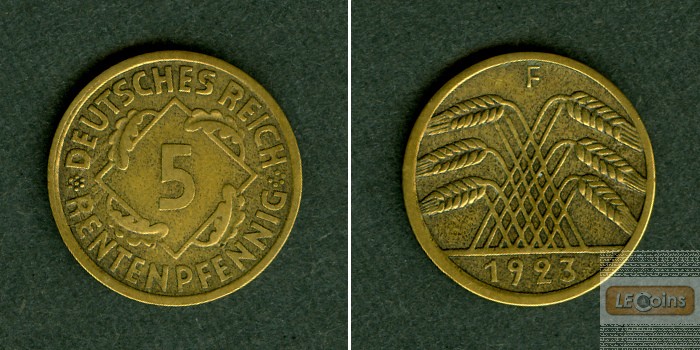 DEUTSCHES REICH 5 Rentenpfennig (J.308) 1923 F  ss-vz  selten!