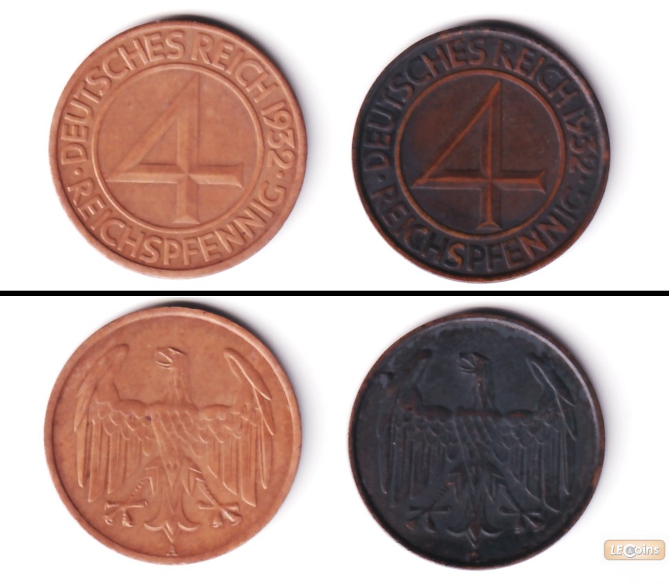 Lot: DEUTSCHES REICH 2x 4 Reichspfennig 1932 A + G (J.315)  ss-vz