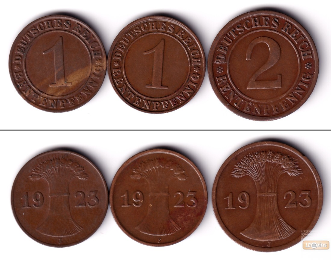 Lot: DEUTSCHES REICH 3x 1 + 2 Reichspfennig 1923  ss+