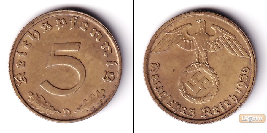 DEUTSCHES REICH 5 Reichspfennig (J.363) 1936 D  vz  selten!