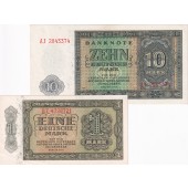 Lot:  DDR 2x Banknote  1 + 10 DEUTSCHE MARK 1948  I-
