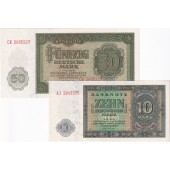 Lot:  DDR 2x Banknote  10 + 50 DEUTSCHE MARK 1948  I-