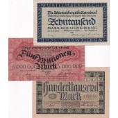Lot: 3x WÜRTTEMBERG Inflation 1923  WTB13 WTB16 WTB19  III+